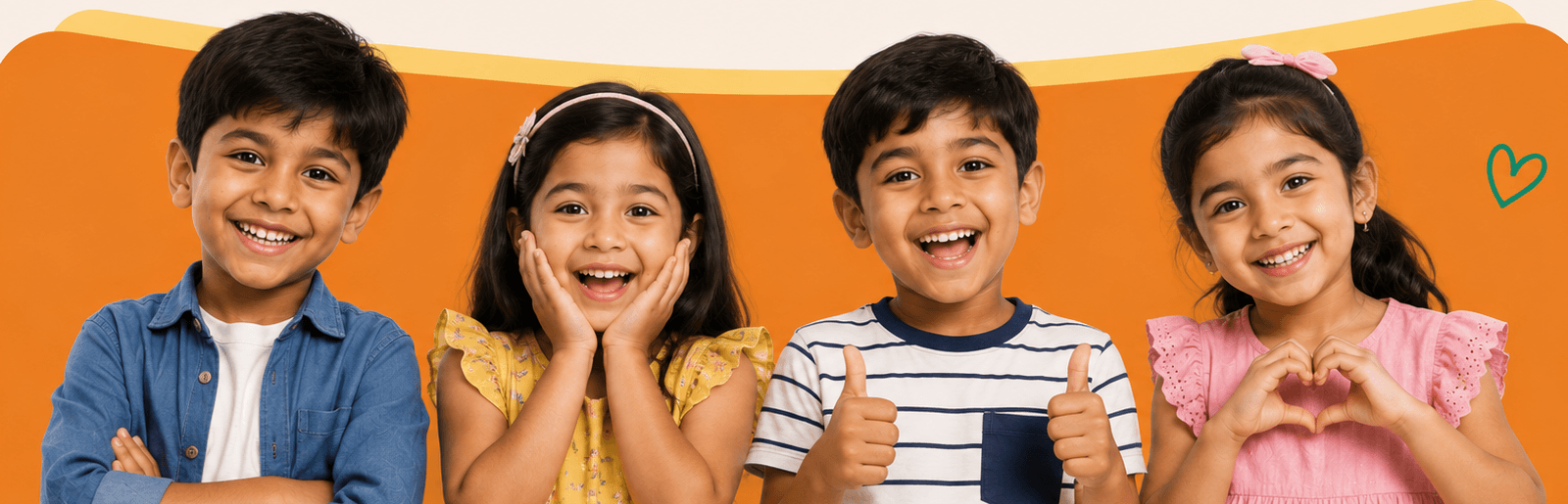 Four happy children smiling, giving a thumbs up and making a heart with their hands